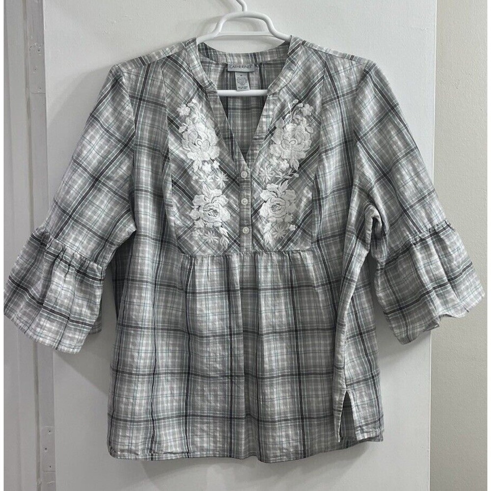 Catherines Plaid Embroidered Babydoll Top 1X Ruffle 3/4 Sleeve Boho Coastal
